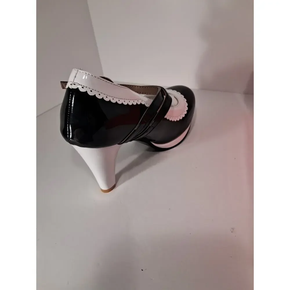 Mary Janes Clorblock White Black Retro Strappy Chunky Heel Pumps size 6